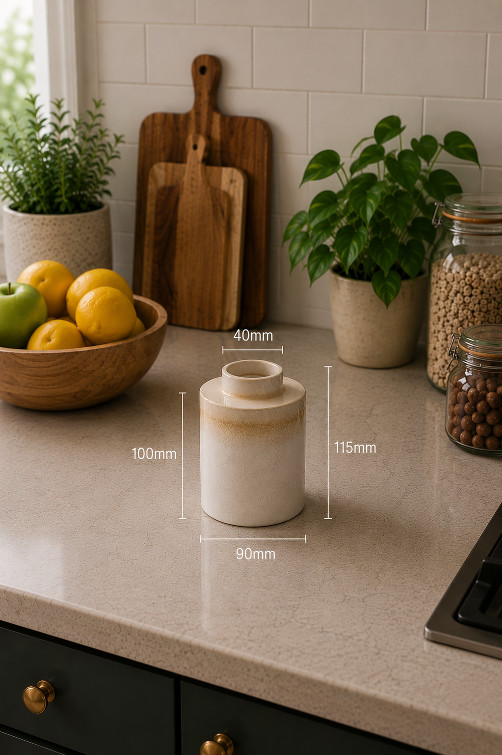 White ceramic vase on a kitchen counter with measurements, surrounded by plants and jars.
