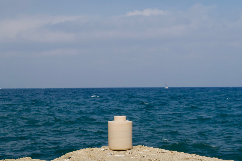 The Walter Vase sits on a concrete pier overlooking a wide blue ocean under a cloudy sky.