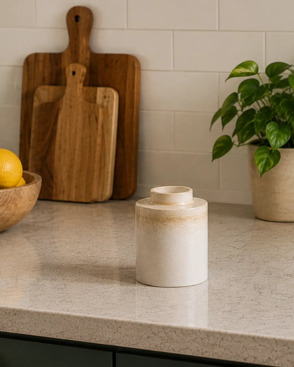 White ceramic jar on a kitchen counter with wooden cutting boards and a plant in the background.